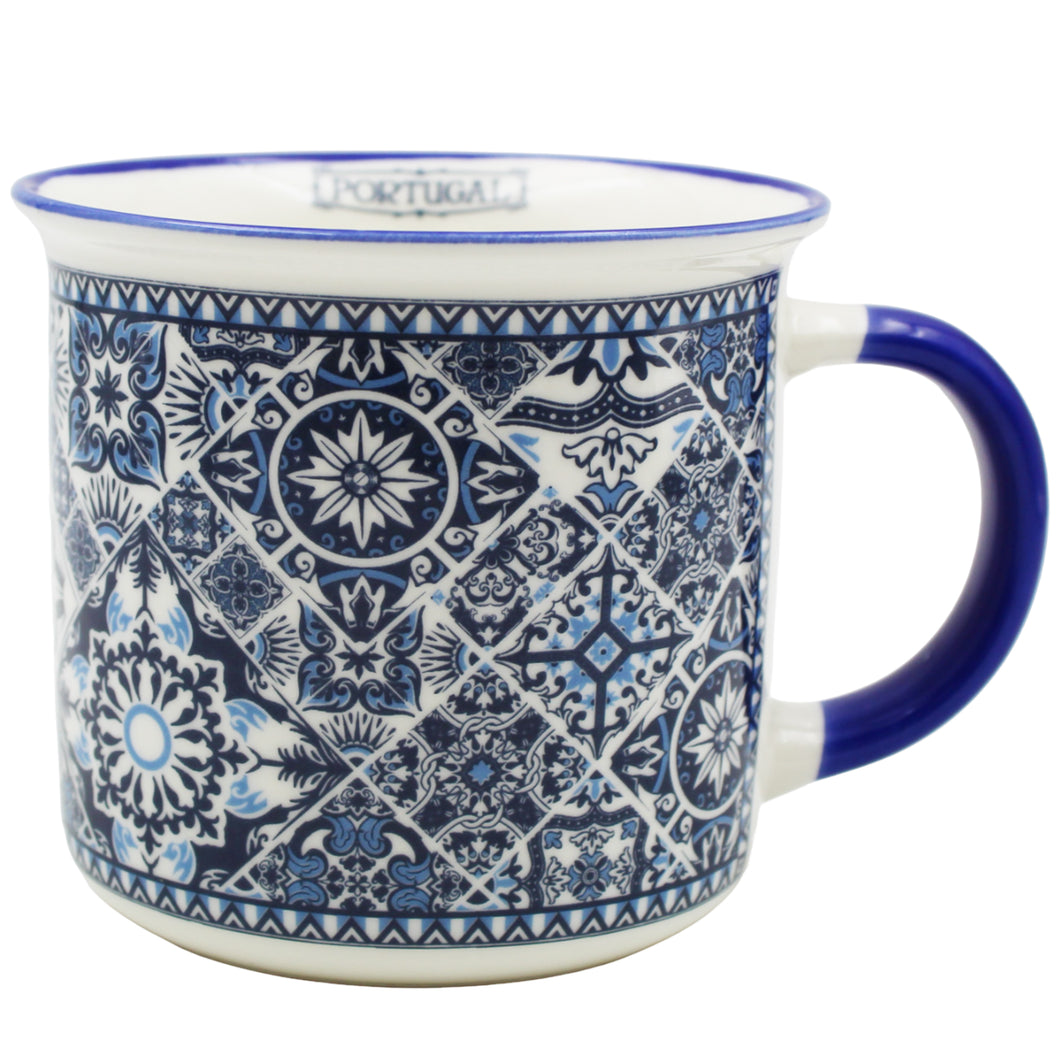 Portugal Azulejo Tile Ceramic Coffee Mug with Blue and White Pattern, 12 oz.