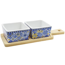 Load image into Gallery viewer, Portuguese Azulejo Style Sauce &amp; Snack Dishes with Wooden Serving Tray
