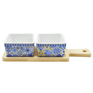 Portuguese Azulejo Style Sauce & Snack Dishes with Wooden Serving Tray