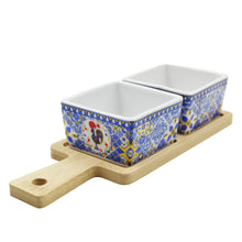 Load image into Gallery viewer, Portuguese Azulejo Style Sauce &amp; Snack Dishes with Wooden Serving Tray
