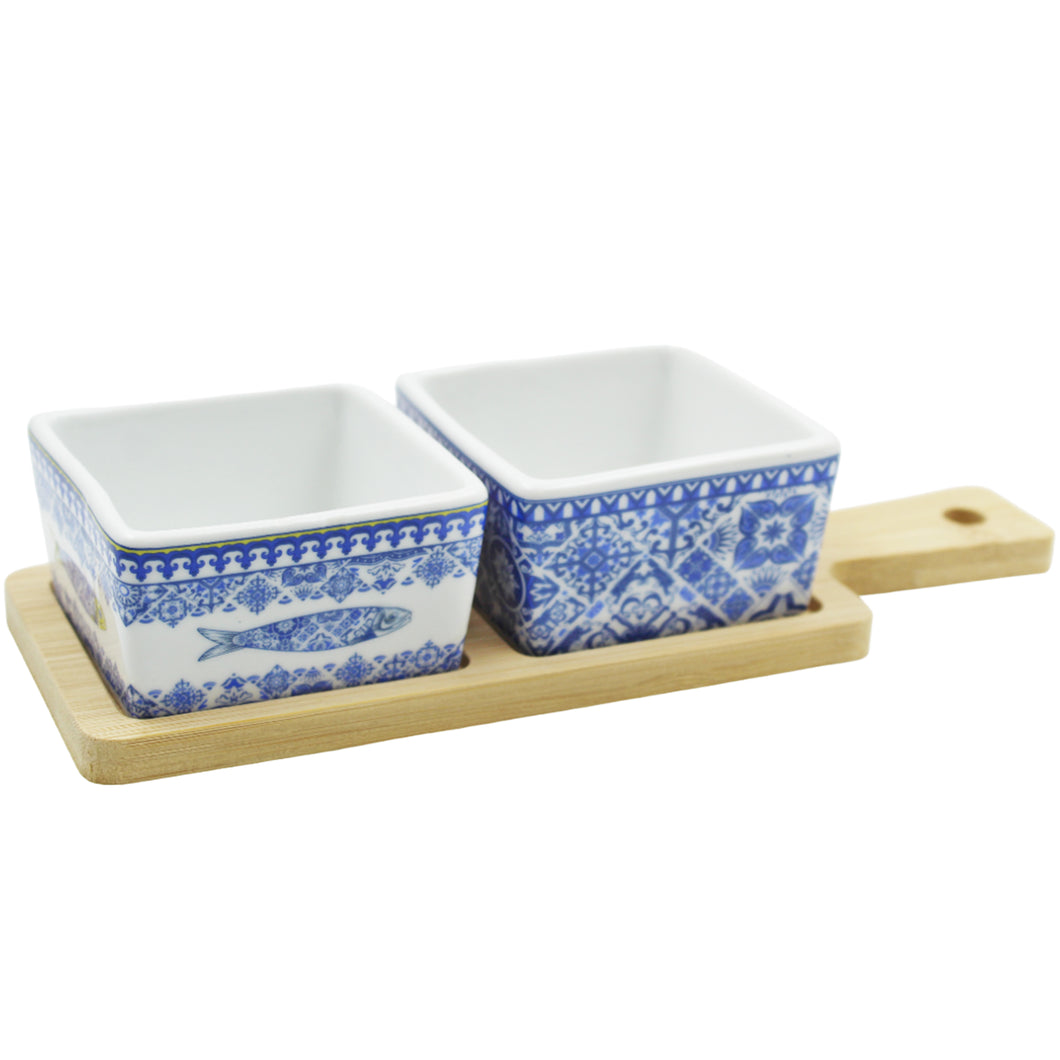 Portuguese Azulejo Style Sauce & Snack Dishes with Wooden Serving Tray, Sardine