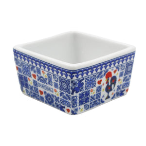 Portuguese Azulejo Style Sauce & Snack Dish with Wooden Serving Tray, Rooster