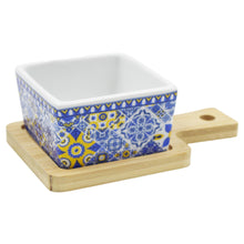 Load image into Gallery viewer, Portuguese Azulejo Style Sauce &amp; Snack Dish with Wooden Serving Tray, Blue &amp; Yellow
