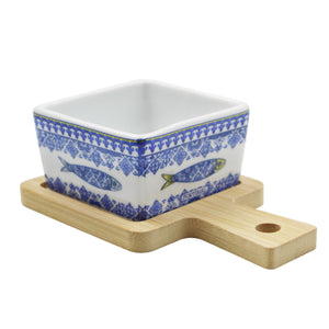 Portuguese Azulejo Style Sauce & Snack Dish with Wooden Serving Tray, Sardine