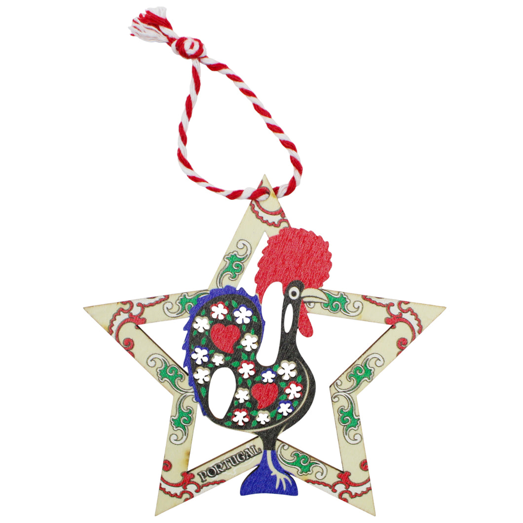 Wooden Portuguese Rooster Star Christmas Ornament with Red and Green Details