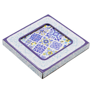 Set of 4 Portuguese Ceramic Coasters with Cork Backing – Blue Yellow Azulejo Tile Design