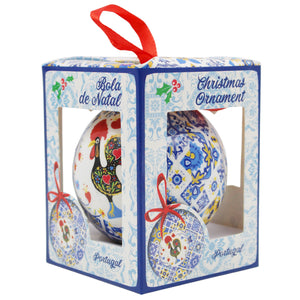 Portuguese Barcelos Rooster Christmas Ornament with Blue and Yellow Tile Design and Ribbon