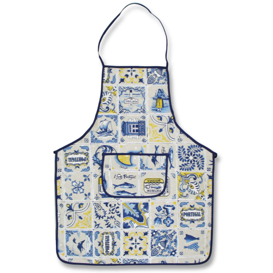 Portuguese Azulejo Design Apron – Blue and Yellow Tile Pattern with Front Pocket