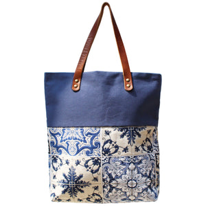 Praceta Lisboa Canvas Tote Bag with Blue Azulejo Tile Design and Leather Straps, Blue Top