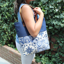 Load image into Gallery viewer, Praceta Lisboa Canvas Tote Bag with Blue Azulejo Tile Design and Leather Straps, Blue Top
