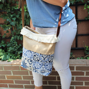 Praceta Lisboa Crossbody Bag with Blue Azulejo Tile Design, Fringe Trim & Adjustable Strap