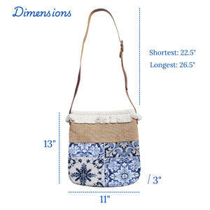 Praceta Lisboa Crossbody Bag with Blue Azulejo Tile Design, Fringe Trim & Adjustable Strap