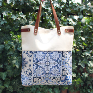 Praceta Lisboa Canvas Tote Bag with Blue Azulejo Tile Design and Leather Straps