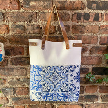 Load image into Gallery viewer, Praceta Lisboa Canvas Tote Bag with Blue Azulejo Tile Design and Leather Straps
