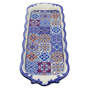 Portuguese Ceramic Serving Tray with Azulejo Tile Design and Hand-Painted Blue Accents