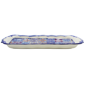 Portuguese Ceramic Serving Tray with Azulejo Tile Design and Hand-Painted Blue Accents