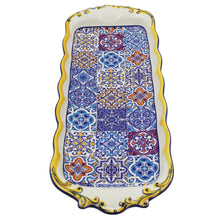 Load image into Gallery viewer, Portuguese Ceramic Serving Tray with Azulejo Tile Design and Hand-Painted Yellow Accents
