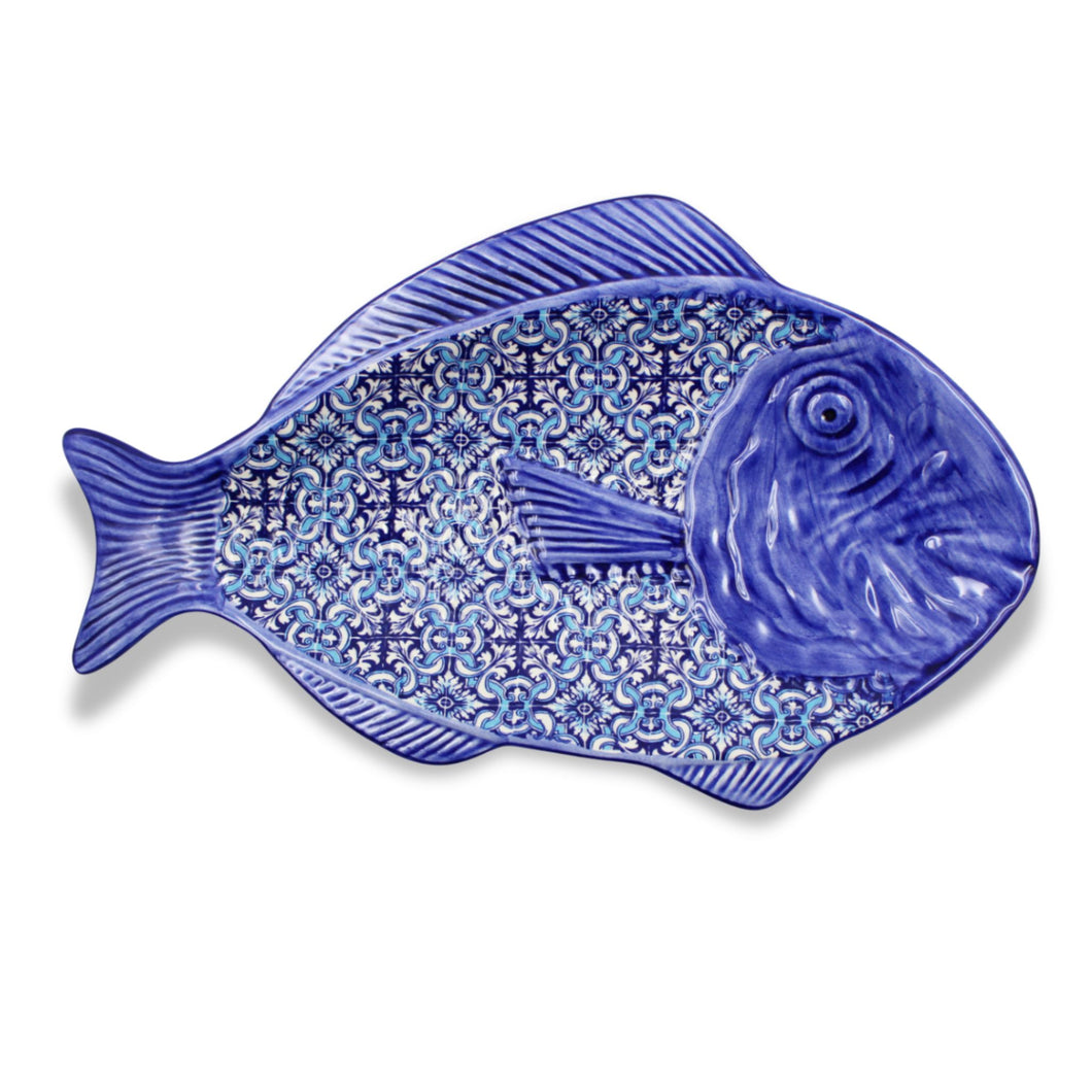 Hand-Painted Portuguese Ceramic Fish Platter with Azulejo Design