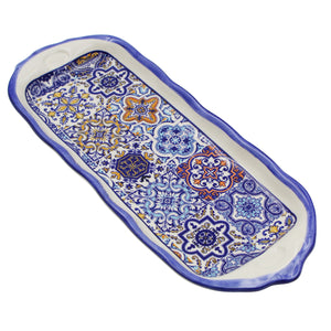 Portuguese Ceramic Small Serving Tray with Azulejo Tile Design and Blue Accents