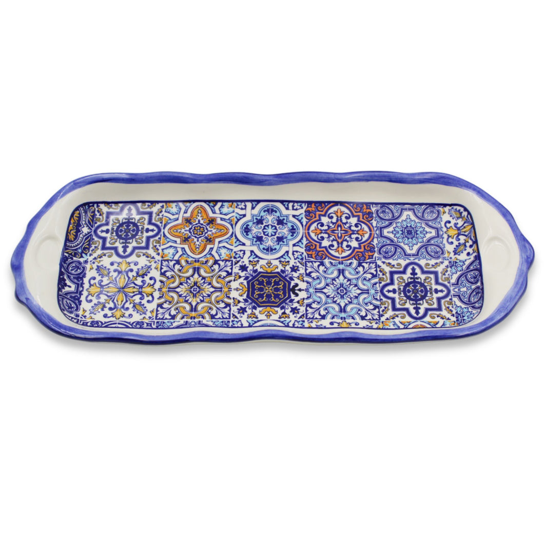 Portuguese Ceramic Small Serving Tray with Azulejo Tile Design and Blue Accents