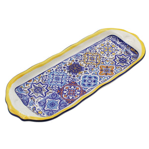 Portuguese Ceramic Small Serving Tray with Azulejo Tile Design and Yellow Accents