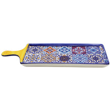 Load image into Gallery viewer, Portuguese Ceramic Serving Tray with Yellow Handle, Azulejo Tile Design
