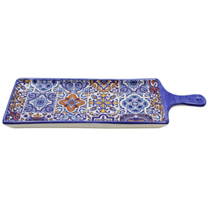 Portuguese Ceramic Serving Tray with Blue Handle, Azulejo Tile Design