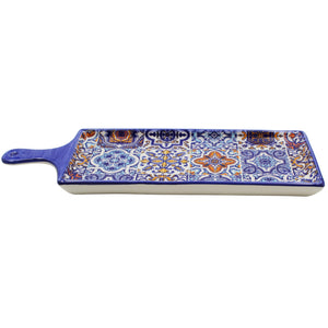 Portuguese Ceramic Serving Tray with Blue Handle, Azulejo Tile Design