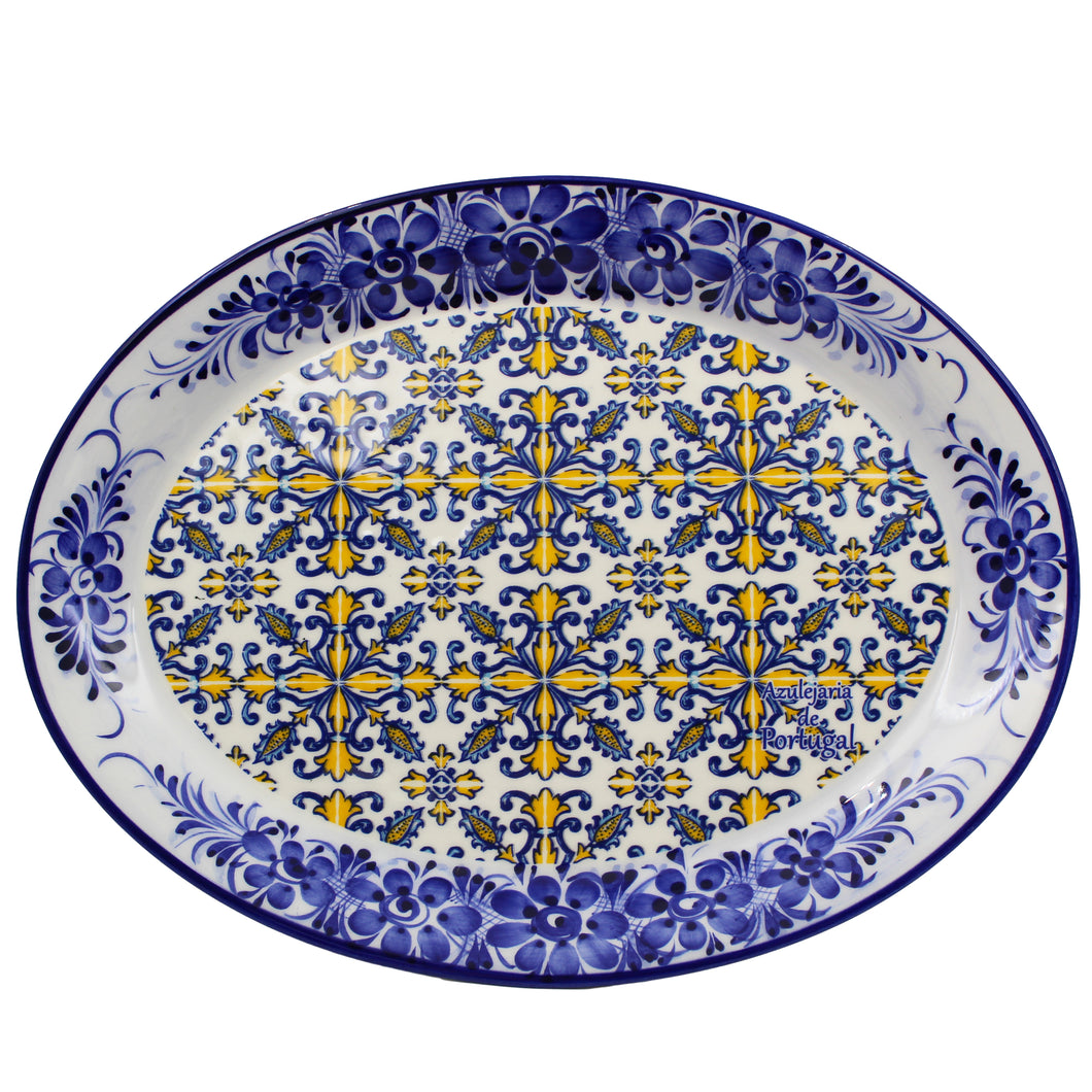 Traditional Blue and Yellow Tile Azulejo Floral Ceramic Oval Platter