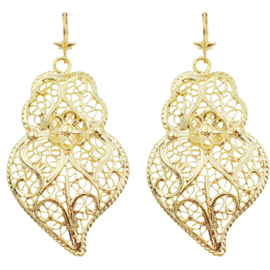 Traditional Portuguese Filigree Earrings, Gold-Color Rancho Style, Viana Heart Design