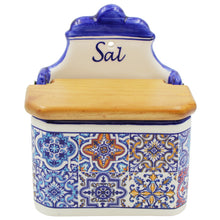 Load image into Gallery viewer, Portuguese Blue Azulejo Ceramic Salt Holder with Wooden Lid - Sal Design
