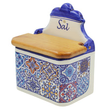 Load image into Gallery viewer, Portuguese Blue Azulejo Ceramic Salt Holder with Wooden Lid - Sal Design
