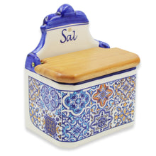 Load image into Gallery viewer, Portuguese Blue Azulejo Ceramic Salt Holder with Wooden Lid - Sal Design
