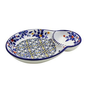 Traditional Blue and Yellow Tile Azulejo Floral Ceramic Olive Dish with Pit Holder