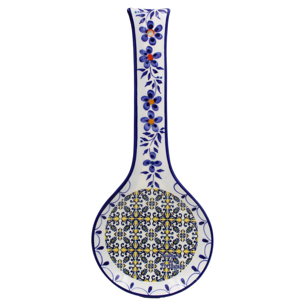 Traditional Blue Yellow Tile Azulejo Decorative Ceramic Spoon Rest, Utensil Holder