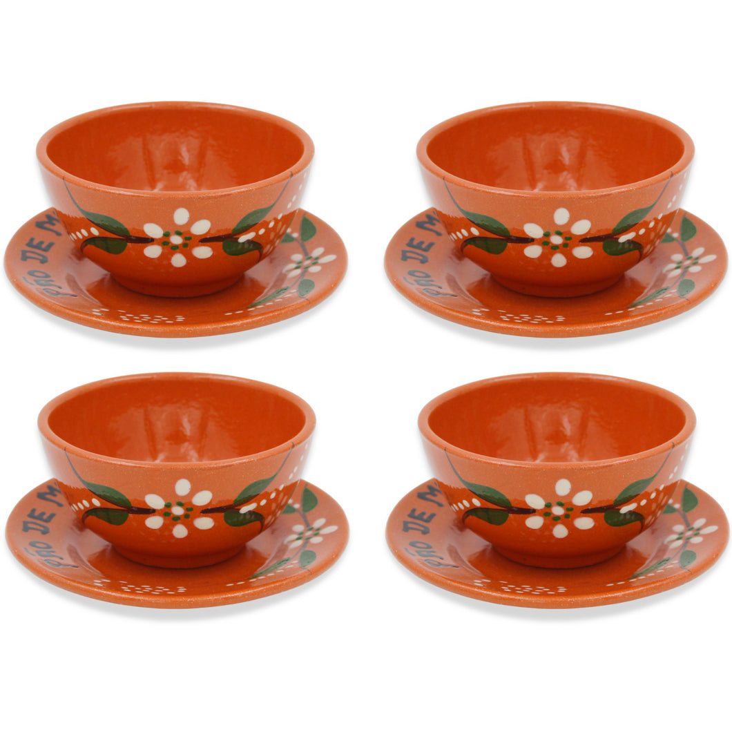 Hand-Painted Portuguese Caldo Verde Terracotta Soup Bowls with Saucers - Set of 4