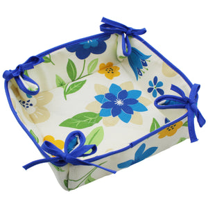 Floral Cotton Bread Basket with Blue Ties, 100% Cotton