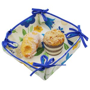 Floral Cotton Bread Basket with Blue Ties, 100% Cotton