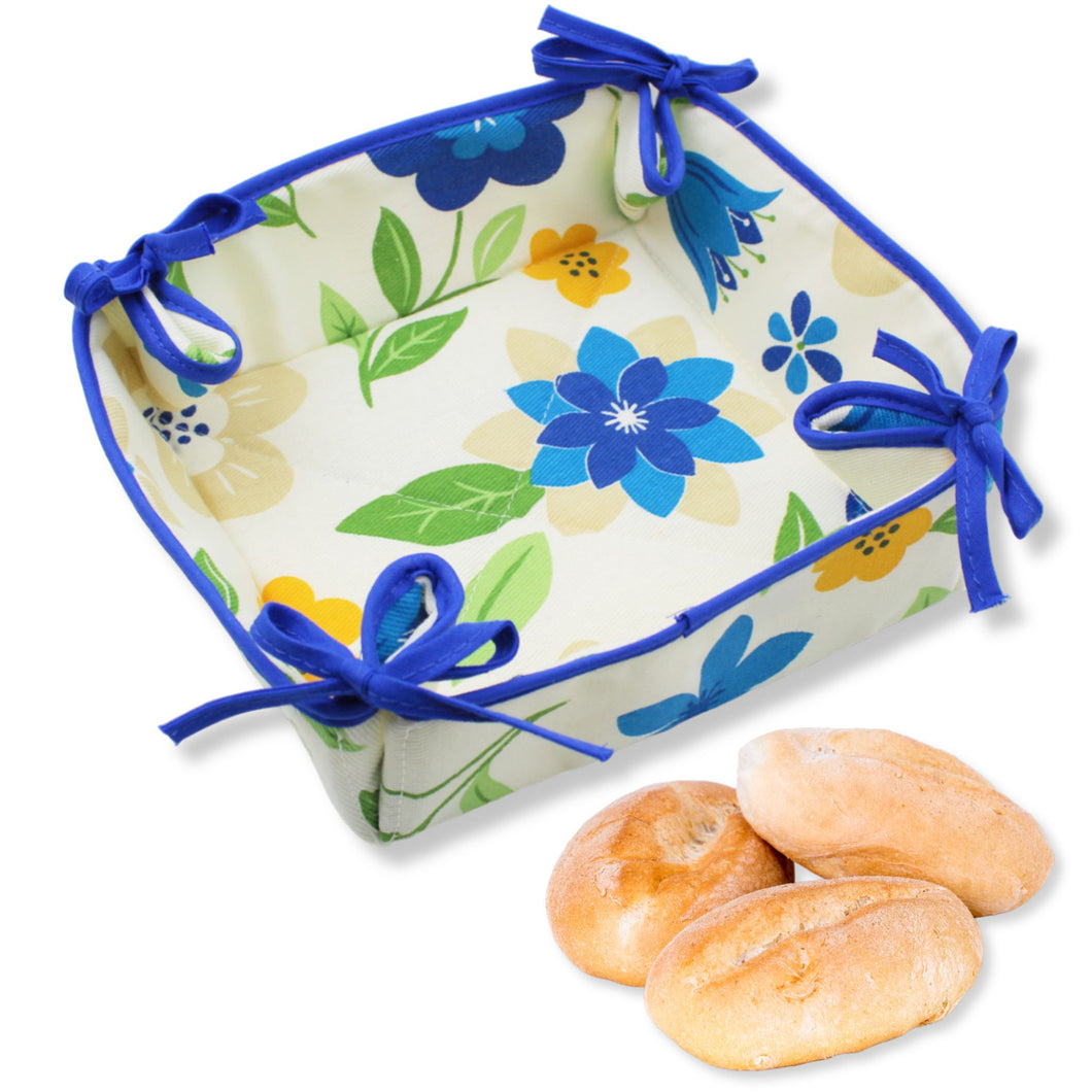 Floral Cotton Bread Basket with Blue Ties, 100% Cotton