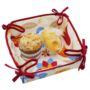 Floral Cotton Bread Basket with Red Ties, 100% Cotton