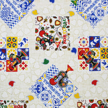 Load image into Gallery viewer, 100% Cotton Portuguese Azulejo Good Luck Rooster Hearts Yellow Made in Portugal Tablecloth
