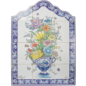 Floral Ceramic Tile Panel with Blue Border - 12 Piece Decorative Wall Art, Made in Portugal