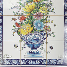 Load image into Gallery viewer, Floral Ceramic Tile Panel with Blue Border - 12 Piece Decorative Wall Art, Made in Portugal
