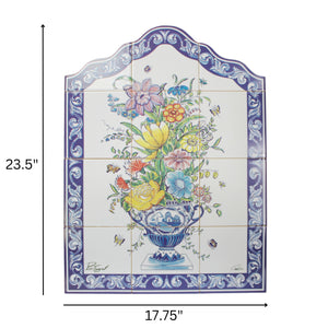 Floral Ceramic Tile Panel with Blue Border - 12 Piece Decorative Wall Art, Made in Portugal