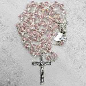 Our Lady of Fatima Rosary with Light Pink Beads, Medallion, and Case