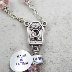 Our Lady of Fatima Rosary with Light Pink Beads, Medallion, and Case