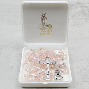 Our Lady of Fatima Rosary with Light Pink Beads, Medallion, and Case