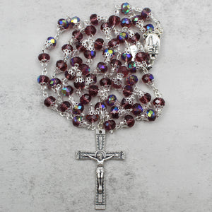 Our Lady of Fatima Rosary with Purple Iridescent Beads, Medallion, and Case