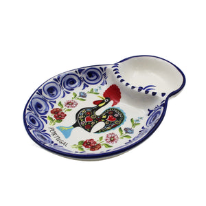 Hand-painted Decorative Ceramic Portuguese Blue Floral and Rooster Olive Dish