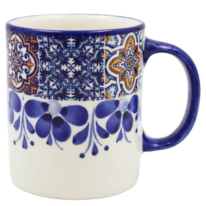 Portuguese Azulejo Ceramic Mug Set of 2 - Blue Tile Pattern with Floral Hand-Painted Design